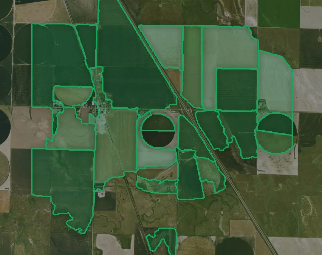 Field boundaries mapped from aerial imagery across a Kansas county